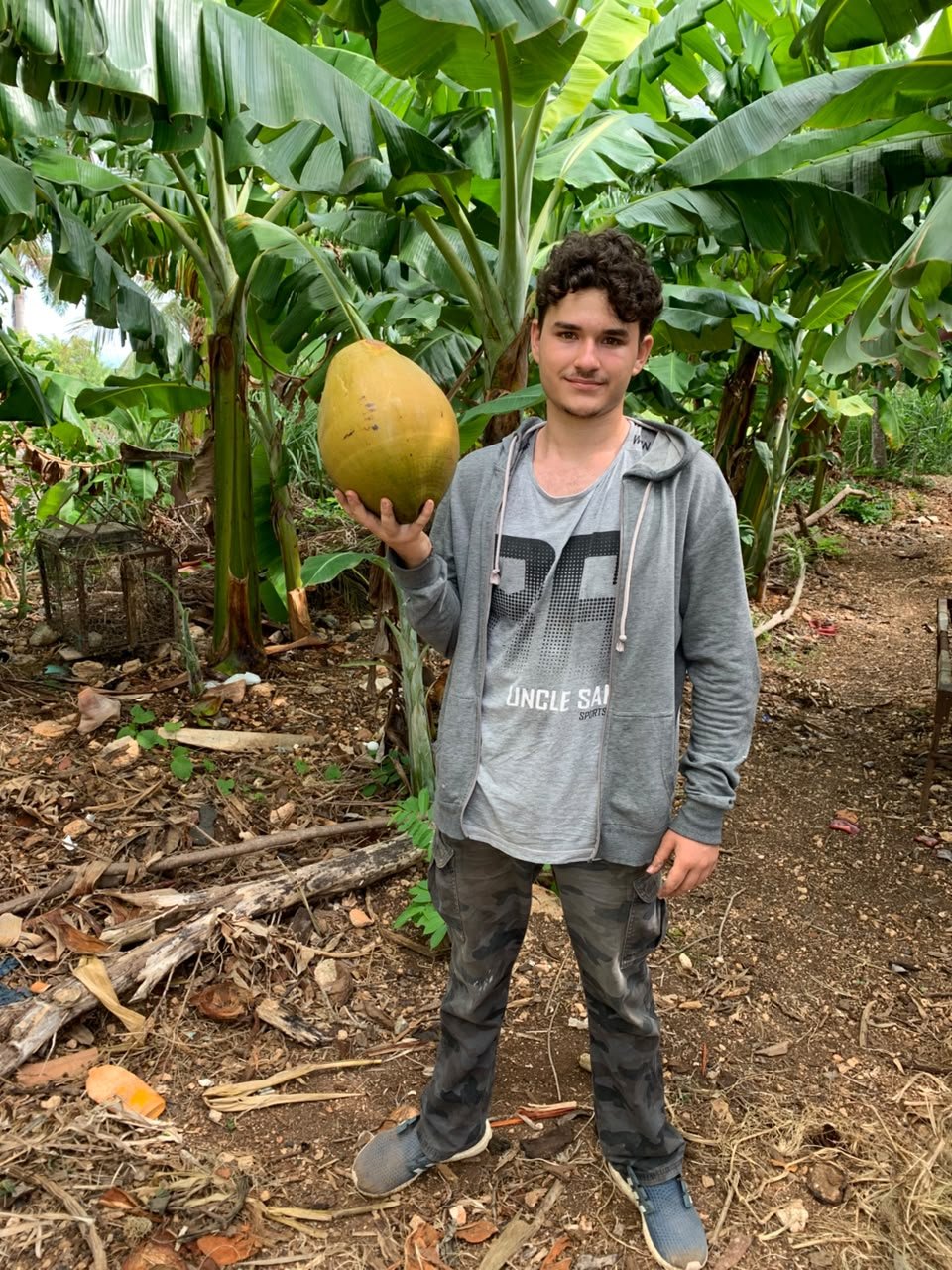 A young man holding a coconut in a plantain grove in Cuba
